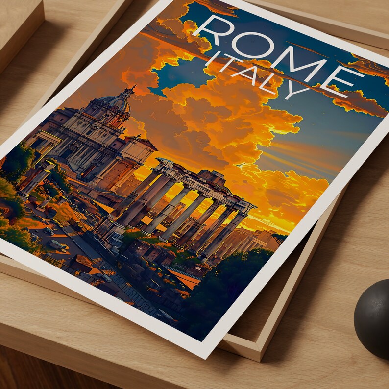 May include: A vintage travel poster featuring a scenic view of the Roman Forum in Rome, Italy. The poster has a blue background with a bright orange sunset sky and the text "ROME ITALY" in white.