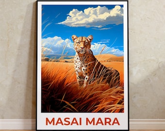 May include: A vintage travel poster featuring a cheetah sitting in tall grass with a blue sky and white clouds in the background. The text "MASAI MARA" is printed in orange at the bottom of the poster.