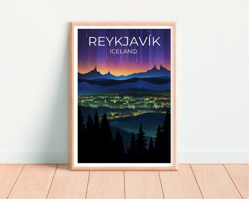 May include: A poster with a dark blue background featuring a cityscape with a mountain range in the background. The text "REYKJAV&Iacute;K ICELAND" is at the top of the poster.