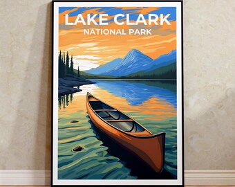 Pôster de viagem do Lago Clark, Arte de parede do Alasca, Impressão do Alasca, Pôster do Lago Clark, Pôster de lago, Pôster da natureza, Arte do Lago Clark
