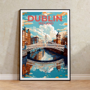 Póster de viaje de Dublín, arte mural de Irlanda, impresión de Dublín, póster de Dublín, póster del puente Ha'penny, póster de la ciudad, decoración de pared