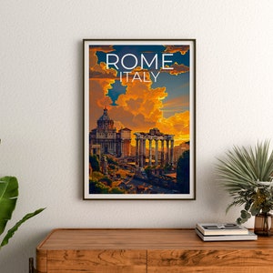 May include: A vintage travel poster with a sunset sky over the Roman Forum and the Basilica di San Pietro in Rome, Italy. The poster reads "ROME ITALY".