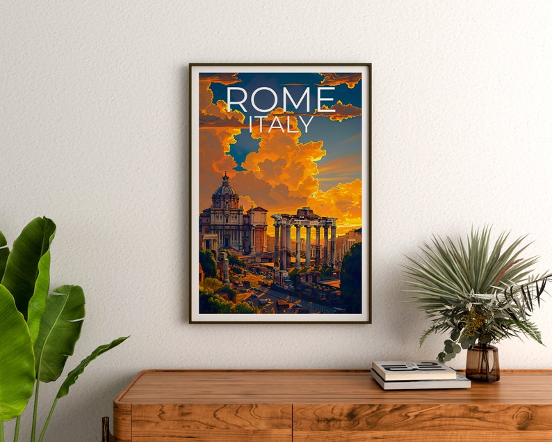 May include: A vintage travel poster with a sunset sky over the Roman Forum and the Basilica di San Pietro in Rome, Italy. The poster reads "ROME ITALY".
