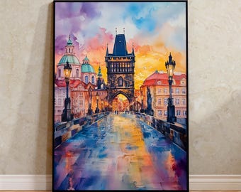 Prague Watercolor Poster, Charles Bridge Print, Czech Republic Wall Art