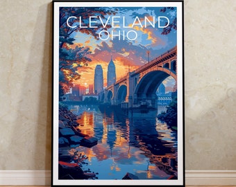 May include: A vintage travel poster featuring a cityscape of Cleveland, Ohio. The poster depicts a bridge over a river with buildings in the background. The sky is a vibrant orange and pink sunset. The text "CLEVELAND OHIO" is printed in white at the top of the poster.