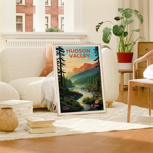 Reseposter från New York, tryck från Hudson Valley, väggkonst i skogen, illustration från New York, landskapsaffisch, heminredning, födelsedagspresent bild 3