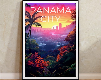 May include: A colorful illustration of Panama City, Panama. The city is seen from a distance, with lush green trees in the foreground and a sunset sky in the background. The text "PANAMA CITY" is written in white letters at the top of the image.