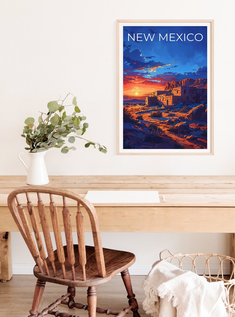 May include: A framed poster with a sunset scene of a building in the desert. The poster has the text "NEW MEXICO" at the top.
