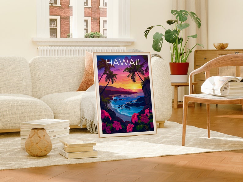 Może przedstawiać: Ramka z plakatem przedstawiającym zach&oacute;d słońca nad plażą na Hawajach. Plakat jest w białej ramie i ma napis "HAWAII" wydrukowany białymi literami u g&oacute;ry.