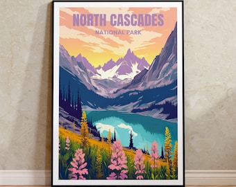 May include: A vintage-style poster featuring a scenic view of North Cascades National Park. The poster depicts a mountain range with a lake in the foreground, surrounded by lush greenery and wildflowers. The text "NORTH CASCADES NATIONAL PARK" is displayed in a bold, retro font.