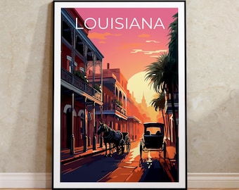 Impresión de viaje de Luisiana, póster de Nueva Orleans, arte mural de Bourbon Street, ilustración sureña, póster de Luisiana, decoración del hogar, regalo de cumpleaños