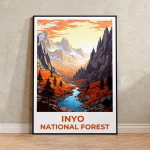 Póster de viaje del Bosque Nacional Inyo, arte mural de California, impresión de California, póster del Bosque Nacional Inyo, póster de California, póster de montaña