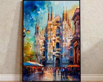 Milan Italy Watercolor Poster, Duomo di Milano Print, Italian Theme Decor