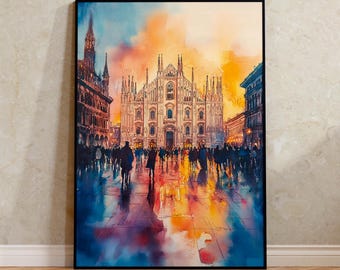 Milan Watercolor Print, Italy Cathedral Poster, Europe Historic Travel Art