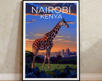 May include: A vintage travel poster featuring a giraffe standing in front of a cityscape with the text "NAIROBI KENYA" at the top.