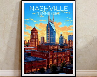 Plakat z podróży do Nashville, sztuka ścienna w Tennessee, wydruk z Tennessee, plakat z Nashville, plakat z Tennessee, plakat miejski, sztuka z Nashville