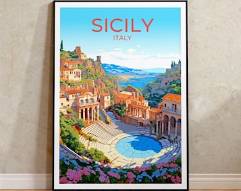 May include: A vintage travel poster featuring a colorful illustration of a town in Sicily, Italy. The poster has the text "SICILY ITALY" in red and white letters.
