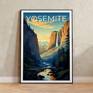 Framed Canvas Art (Gold Floating Frame) - Yosemite National Park Travel Poster by Olahoop Travel Posters ( Prints & publications > Posters > Travel