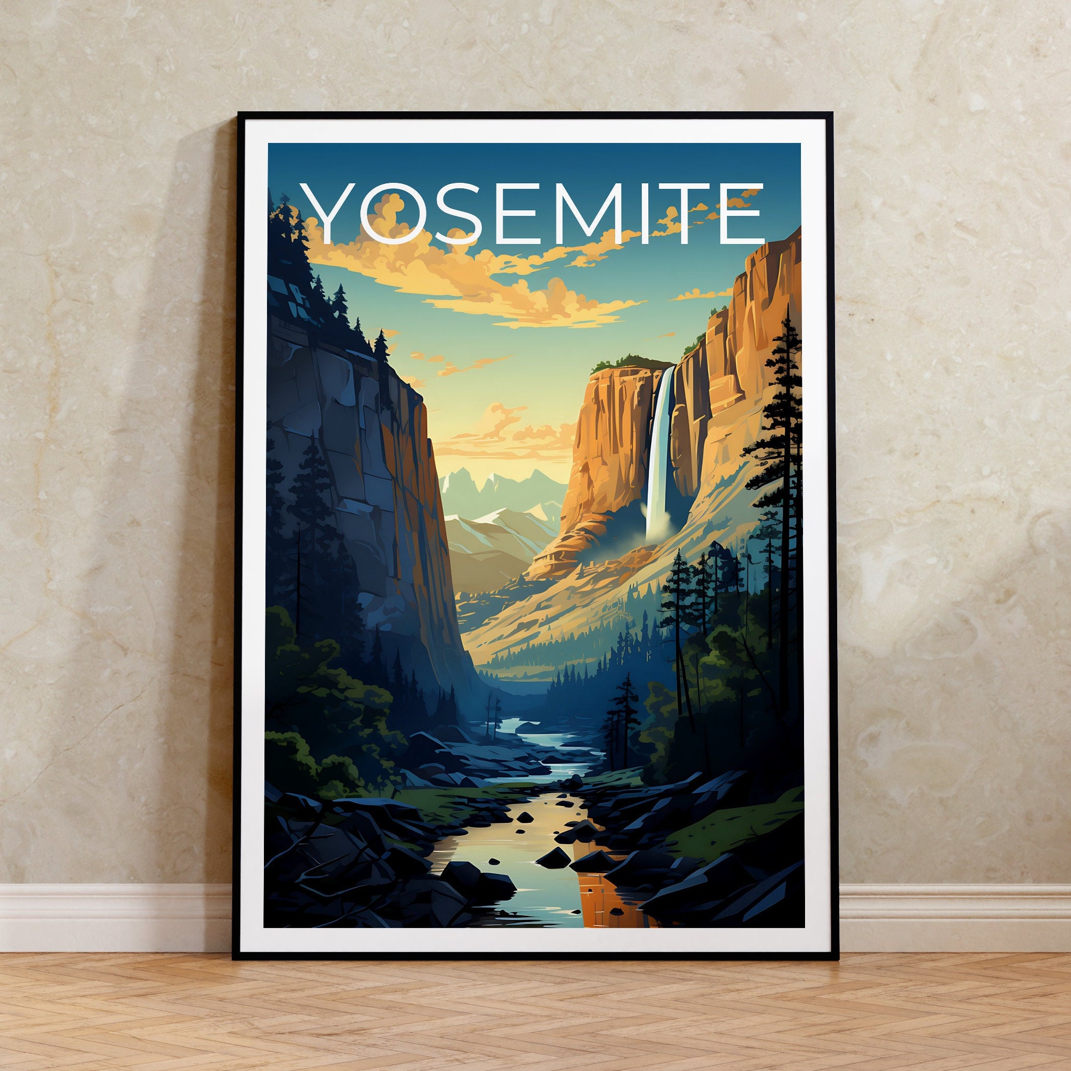 Framed Canvas Art (Gold Floating Frame) - Yosemite National Park Travel Poster by Olahoop Travel Posters ( Prints & publications > Posters > Travel