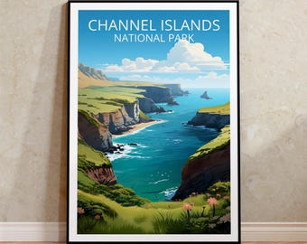 Impresión de viaje al Parque Nacional de las Islas del Canal, póster de California, arte mural de acantilados, ilustración costera, póster de las Islas del Canal, decoración del hogar