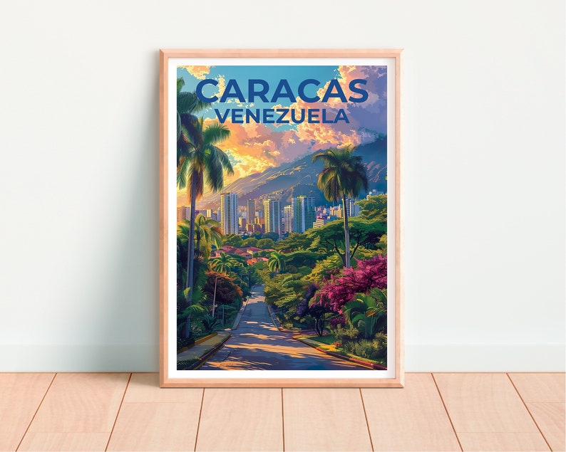 May include: A vintage travel poster with a blue and white text overlay that reads "CARACAS VENEZUELA". The poster features a scenic view of a city with tall buildings and palm trees, set against a backdrop of mountains and a cloudy sky.