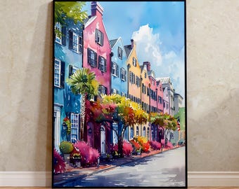Charleston Watercolor Poster, Rainbow Row Print, South Carolina Wall Art