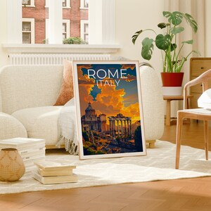 May include: A framed poster with a vintage travel illustration of Rome, Italy. The poster features a sunset over the city with the Colosseum and other historical landmarks in the foreground. The text "ROME ITALY" is printed in white at the top of the poster.