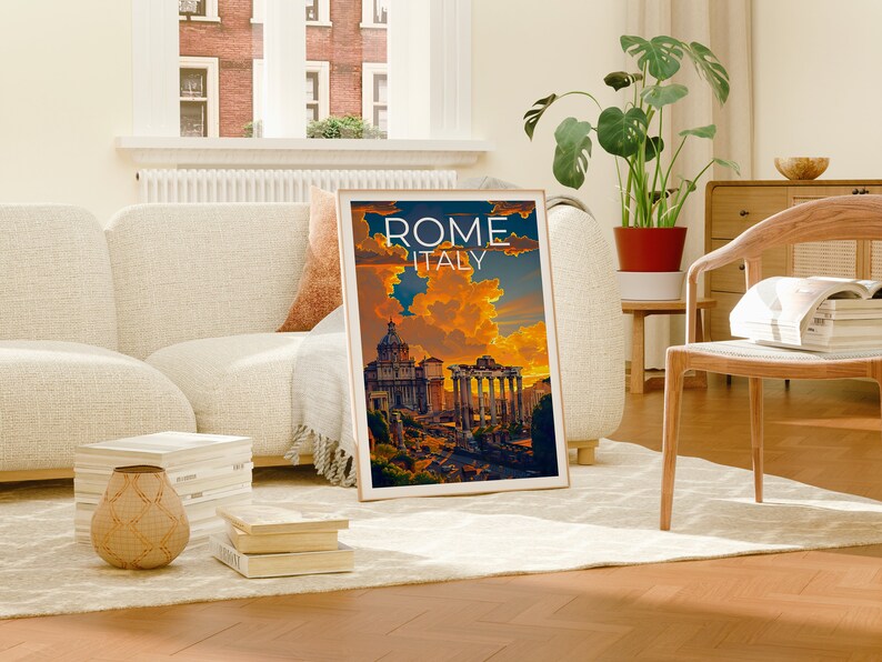 May include: A framed poster with a vintage travel illustration of Rome, Italy. The poster features a sunset over the city with the Colosseum and other historical landmarks in the foreground. The text "ROME ITALY" is printed in white at the top of the poster.