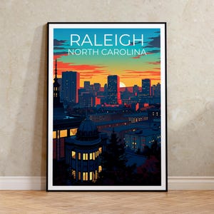Raleigh Travel Print North Carolina Poster US Wall Art Rooftop Illustration Raleigh Poster Home Decor Birthday Gift