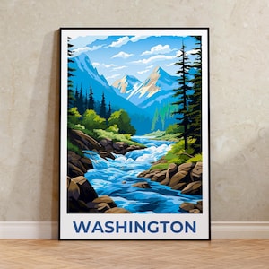 Póster del estado de Washington, Impresión de viaje a las cascadas, Arte forestal, Impresión de Washington, Póster de montaña, Regalo de montaña, Impresión de Washington