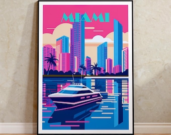 Miami Reise Poster, Miami Wandkunst, Miami Druck, Stadt Skyline Poster, Retro Miami Kunst, 80er Jahre Miami Poster, Plakatkunst, Wanddekor