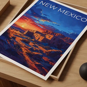 May include: A vintage travel poster featuring a sunset over a desert landscape with a stone building in the foreground. The text "NEW MEXICO" is in white letters at the top of the poster.