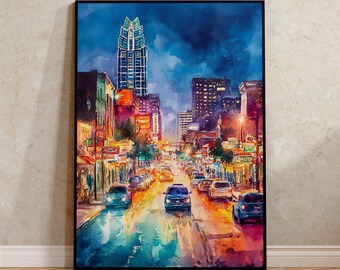 Austin Sixth Street Poster, Texas Wall Art, Watercolor Travel Print