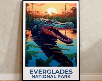 Póster de viaje del Parque Nacional Everglades, estampado de caimán, arte de Florida, ilustración de los Everglades, póster de paisaje, decoración del hogar