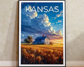 Puede incluir: Un póster de estilo vintage con una granja blanca en un campo de trigo dorado. El cielo es de un azul vibrante con nubes blancas esponjosas y una puesta de sol en la distancia. El texto "KANSAS" está impreso en blanco en la parte superior del póster.