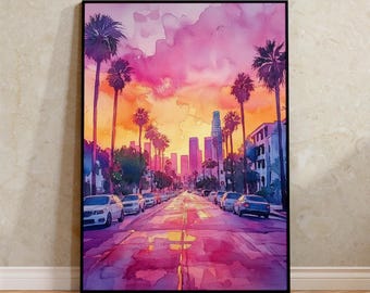 Los Angeles Watercolor Poster, LA City Skyline Art, California Travel Decor