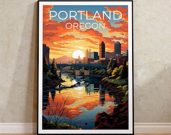 May include: A vintage-style travel poster featuring a cityscape of Portland, Oregon, with a bridge over a river and a sunset in the background. The text "PORTLAND OREGON" is displayed at the top of the poster.