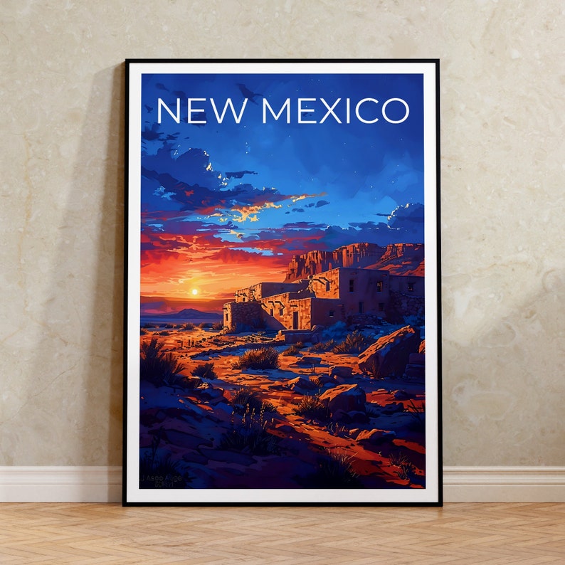 May include: A vintage travel poster featuring a sunset over a pueblo-style building in New Mexico. The poster has a blue background with white text that reads "NEW MEXICO".