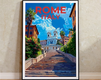 May include: A vintage travel poster featuring a colorful illustration of the Spanish Steps in Rome, Italy. The poster has the text "ROME ITALY" in red letters.