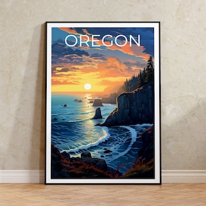 Póster de viaje de Oregón, arte mural costero, impresión costera, póster de Oregón, póster de la costa, arte de Oregón, impresión de Oregón