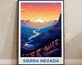 Sierra Nevada Travel Print, California Poster, Mountain Range Wall Art, Forest Illustration, Sierra Nevada Poster, Home Decor