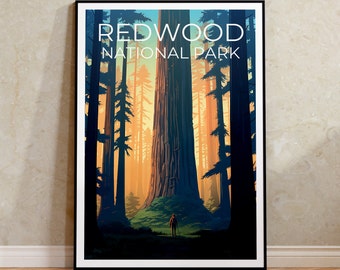 May include: A vintage-style poster with a graphic illustration of a tall redwood tree in a forest. The poster has the text "REDWOOD NATIONAL PARK" in white letters on a blue background.
