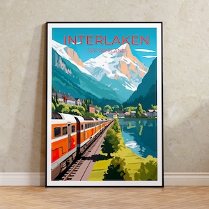 Póster de viaje de Suiza, arte mural de Suiza, impresión de Interlaken, póster de Suiza, arte de montaña, póster de Europa, póster artístico, decoración de pared