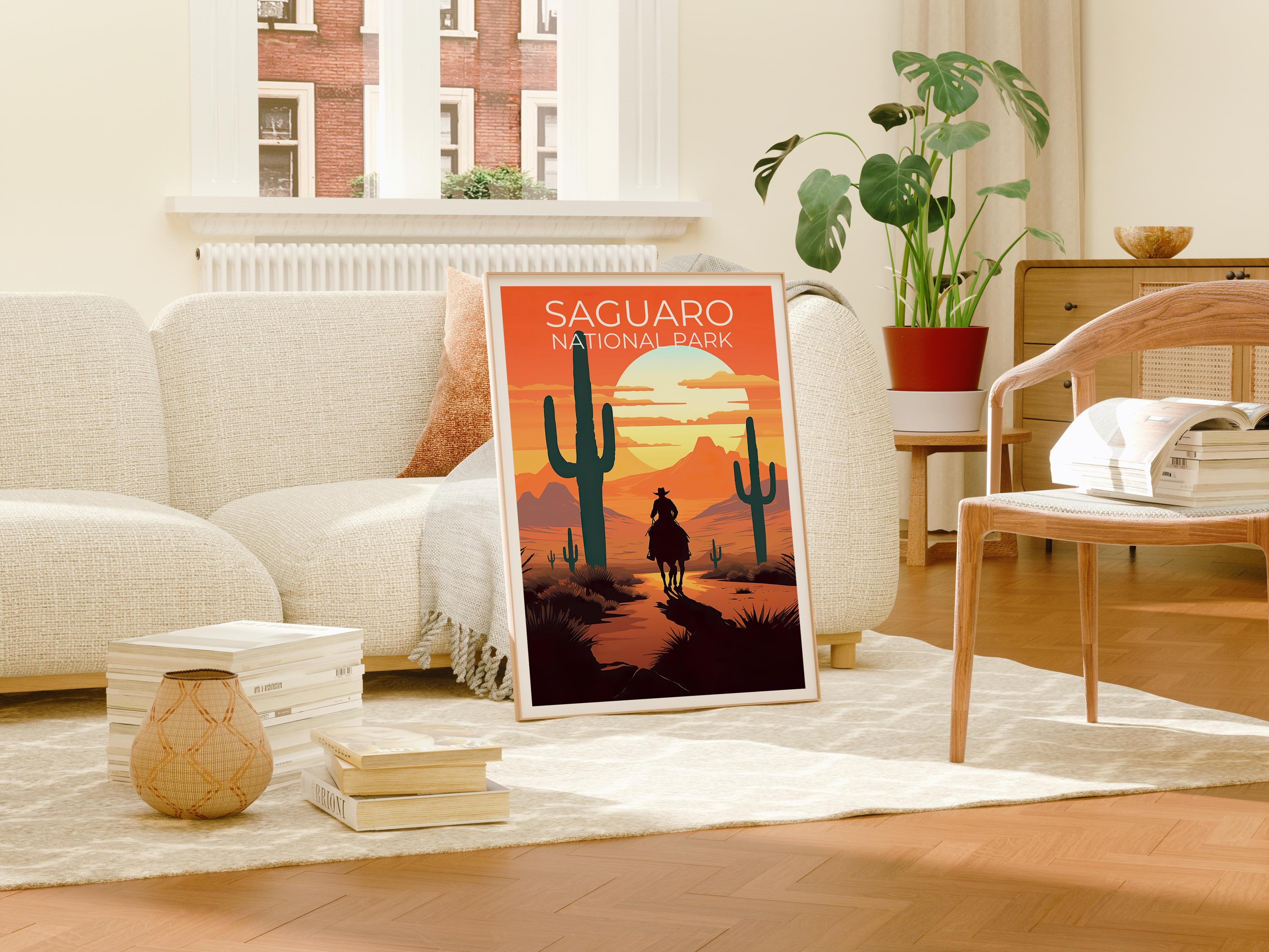 サワロ国立公園の旅行プリント、アリゾナのポスター、カウボーイアート