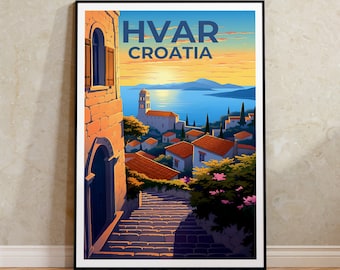 Póster de viaje de Hvar, arte mural de Croacia, impresión de Croacia, póster de Hvar, póster de Croacia, póster de Europa, arte de Hvar