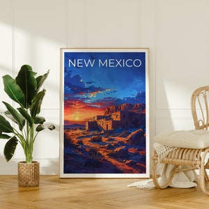May include: A vintage travel poster with a sunset scene of a pueblo in New Mexico. The poster has the text "NEW MEXICO" in white letters on a blue background.