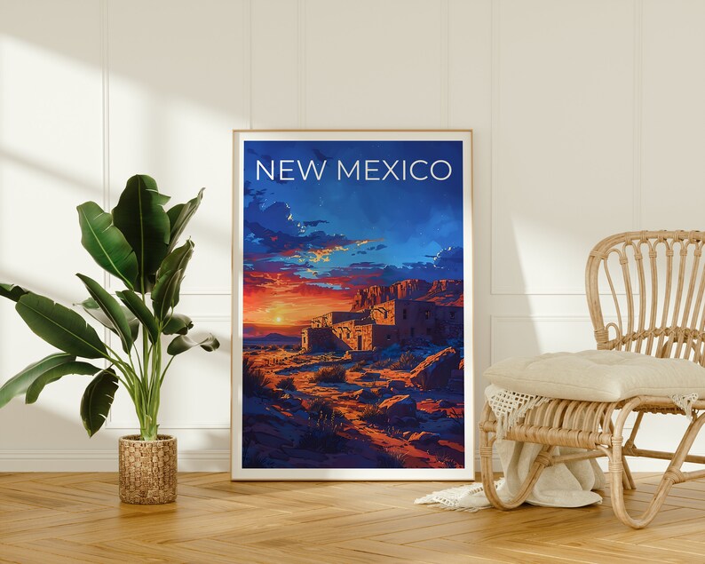 May include: A vintage travel poster with a sunset scene of a pueblo in New Mexico. The poster has the text "NEW MEXICO" in white letters on a blue background.