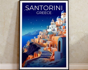 Resaffisch för Santorini, Grekland väggkonst, Grekland tryck, Santorini affisch, Grekisk ö affisch, Stadsaffisch, Santorini konst