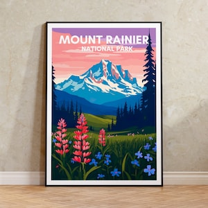 Póster de viaje del Monte Rainier, arte mural del Monte Rainier, impresión del Parque Nacional, póster del Monte Rainier, arte de montaña, póster de naturaleza, decoración de pared