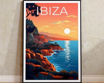 May include: A colourful illustration of a sunset over a rocky coastline with the word "IBIZA" in white text. The sky is orange and pink, and the water is blue.